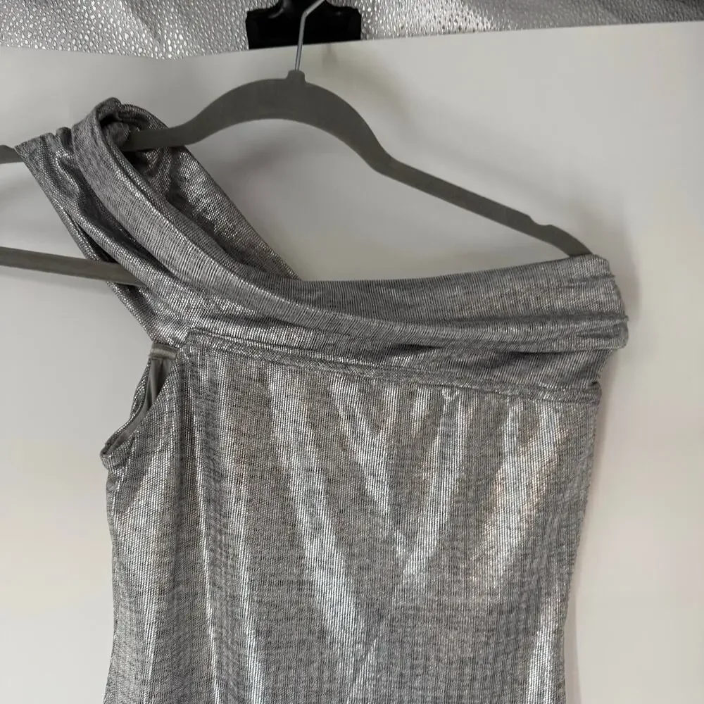 H:ours One Shoulder Bodycon Mini Dress Womens Small Silver Metallic Asymmetric - Picture 4 of 5
